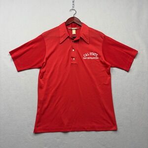 Velva Sheen Polo Shirt Mens Large Red Cal State San Bernardino Vintage 70s Mesh
